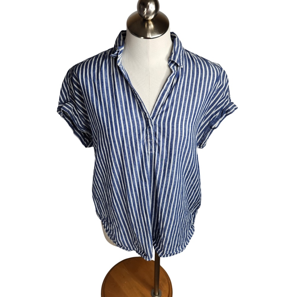 LOLA RIVER Miley Striped Linen‎ Blend Popover Blouse Top Womens Large Blue White